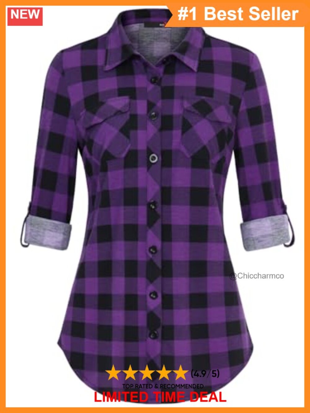 Womens Soft Stretchy Knit Plaid Roll Up Long Sleeve Button Down Blouse